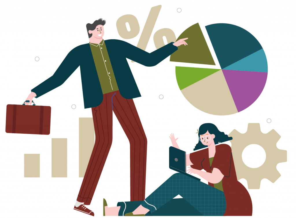 Illustration of male and female financial advisors reviewing paperwork